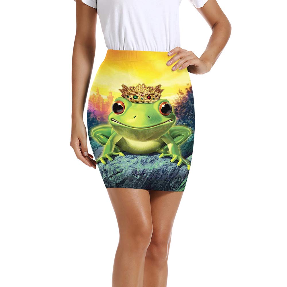 Women's Pencil Skirt,Frog Prince with Golden Yellow Crown on Rocks Fairytale Soul Mates Illustration