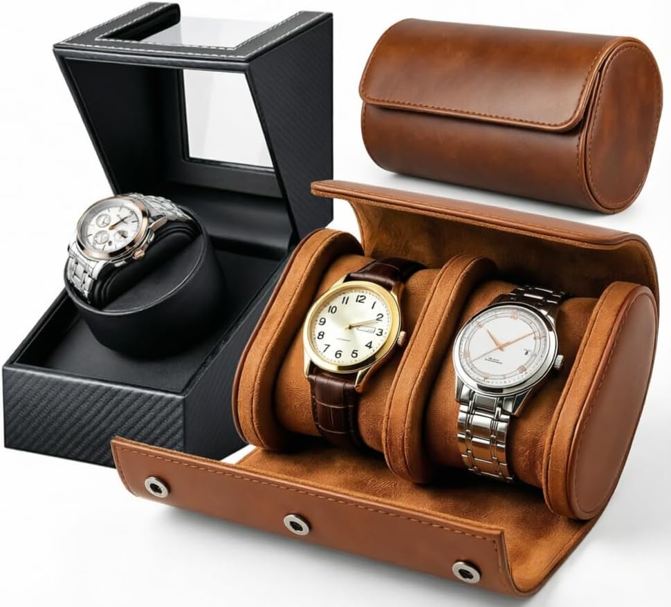 UnaMela Watch Winder & Watch Travel Case: Automatic Single Watch Winder Box with Japanese Quiet Motor+Watch Roll Travel Box 2-Slot with Removable Pillows & Soft Lining,Gifts for Men
