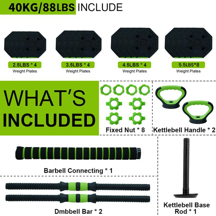 Adjustable Dumbbell Set, 4 in 1 Adjustable Kettlebell Set,44lbs/66lbs/88lbs Weight Set Used as Kettlebells, Barbell, Push up Stand for Home Gym,Green and Black,Octagon Head