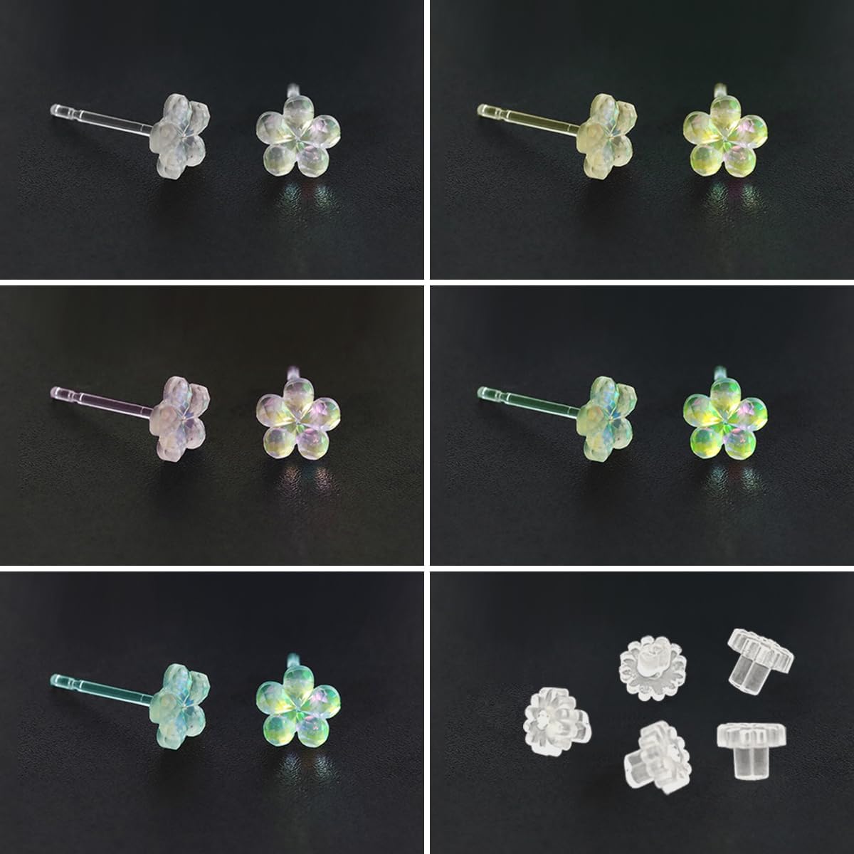 DaKuan 5 Pairs Coloured Earrings, 5 Colours Plastic, Sensitive Ears, Clear, Soft Rubber Back - Image 4