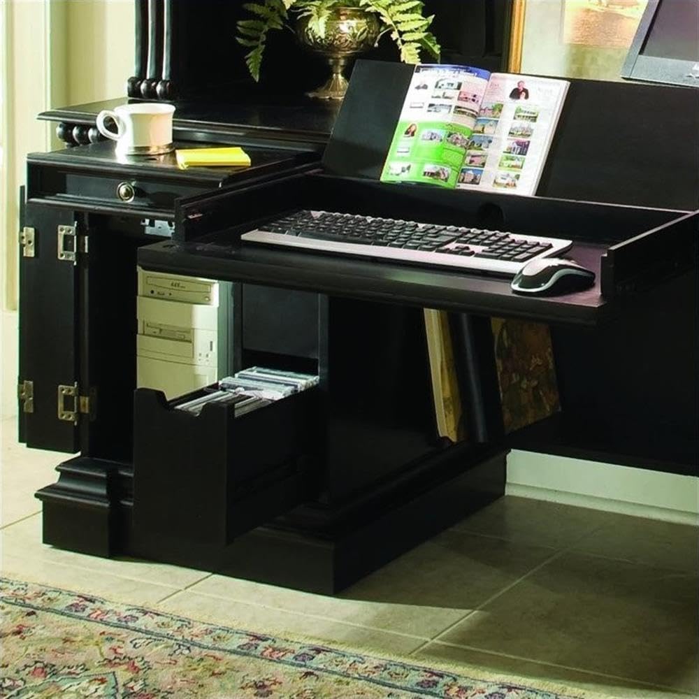 BOWERY HILL Modern Computer Credenza Desk, Cherry Veneers, Black Finish with Reddish Brown Trim, 71.25 in W x 24.5 in D x 30 in H, Utility Drawers, Adjustable Shelves, Pullout Printer Shelf, Home