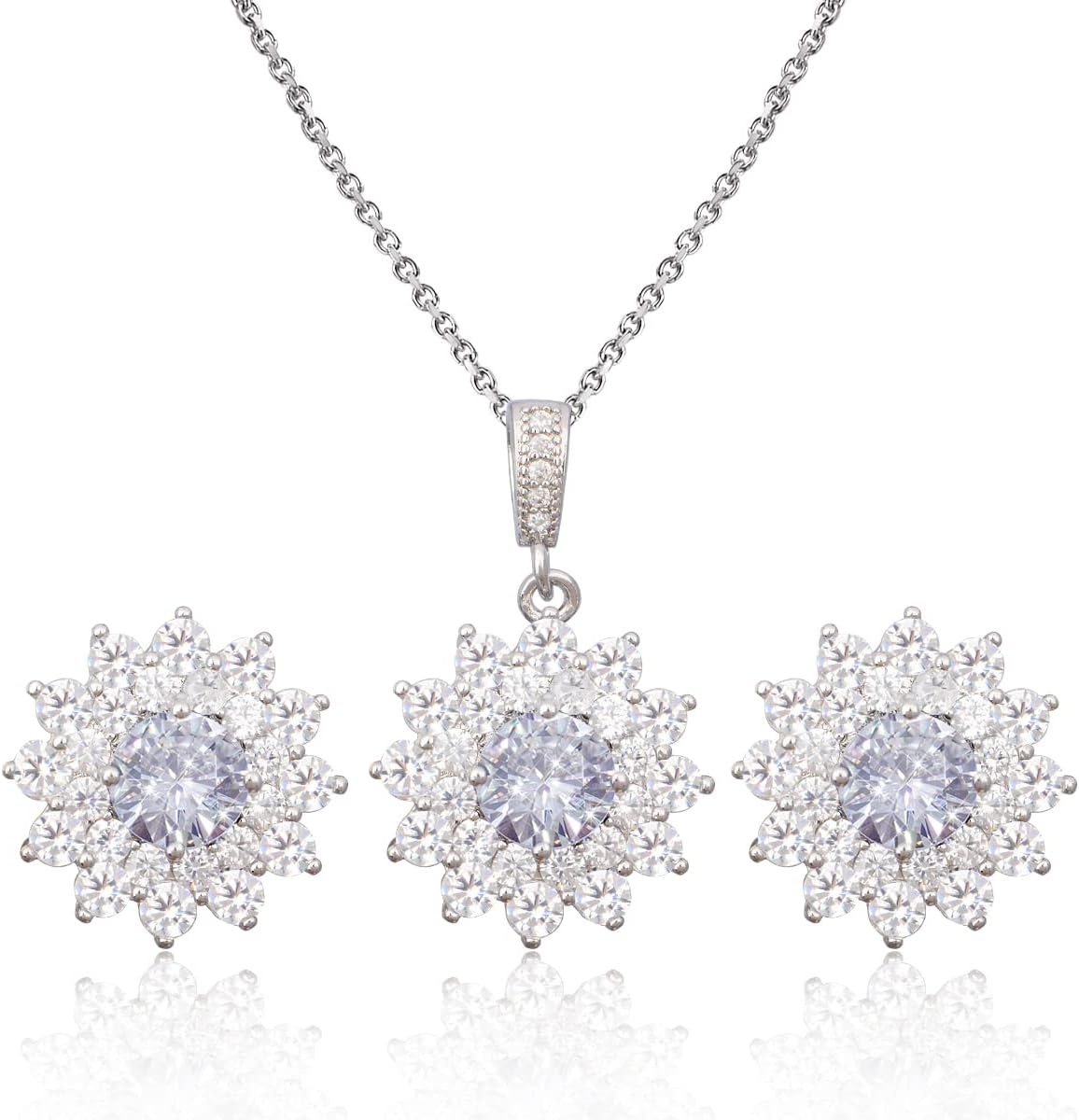 MycittaBridal Cubic Zirconia Jewelry Set - Sterling Silver Dazzle Round Crystal CZ Rhinestone Birthstone Flower Floral Pendant Necklace Stud Earrings Set for Wedding Bride Bridesmaids Birthday Gift