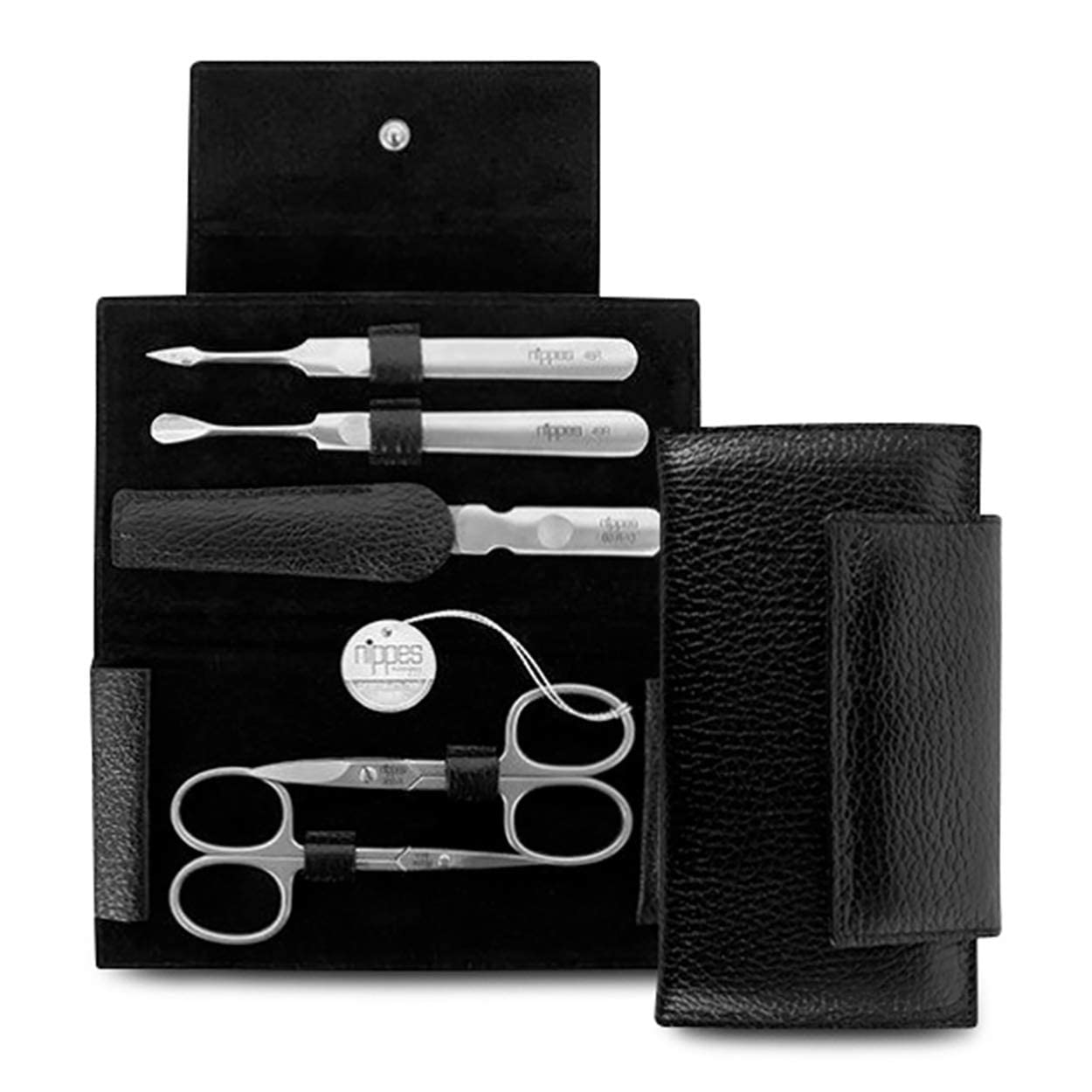 nippes Solingen Premium Line Leone Kit de manucure, 5 pièces, en acier inoxydable et sans nickel, avec étui en cuir de vachette avec bouton pression, noir, kit de soin des ongles, fabriqué en