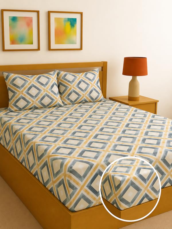 Image of Fitted Sheet Multicolor Diamond Geometric Print Fitted Bedsheet | Glace Cotton 140 TC | Single Size (36x75 inch) with 2 Pillow Covers (18x28 inch) | Deep Pocket up to 10 Inches - Soft & Comfortable