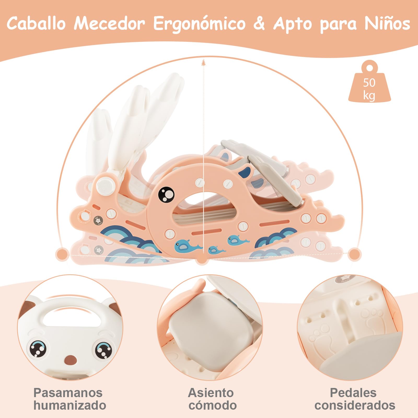 COSTWAY Tobogán Infantil Plegable 4 en 1, Tobogán para Niños con Canasta de Baloncesto y Escalera, Tobogán Multifuncional para Niños con Anillos, Caballo Balancín para Niños (Rosa, Oso)