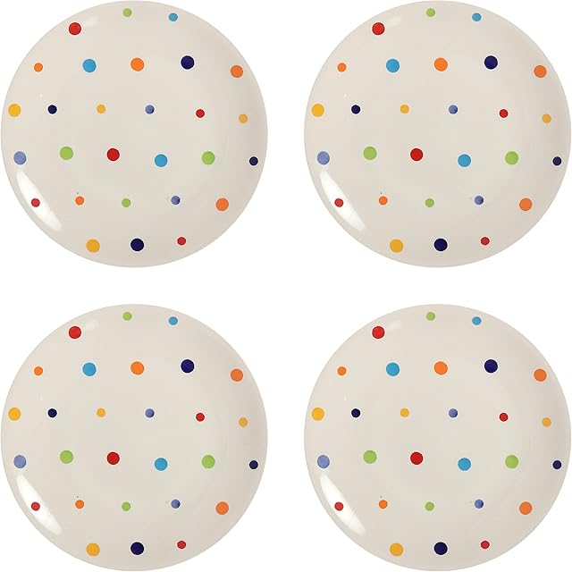Laeto House and Home Pack of 4 Colourful Polka Dot Hand Painted Rainbow Ceramic Large Dinner Plates