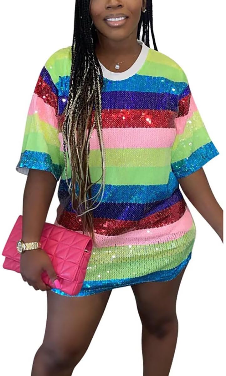 Women's Sexy Sequin Loose Tee-Shirt Dress Half Sleeve Print Party Club Mini Dresses