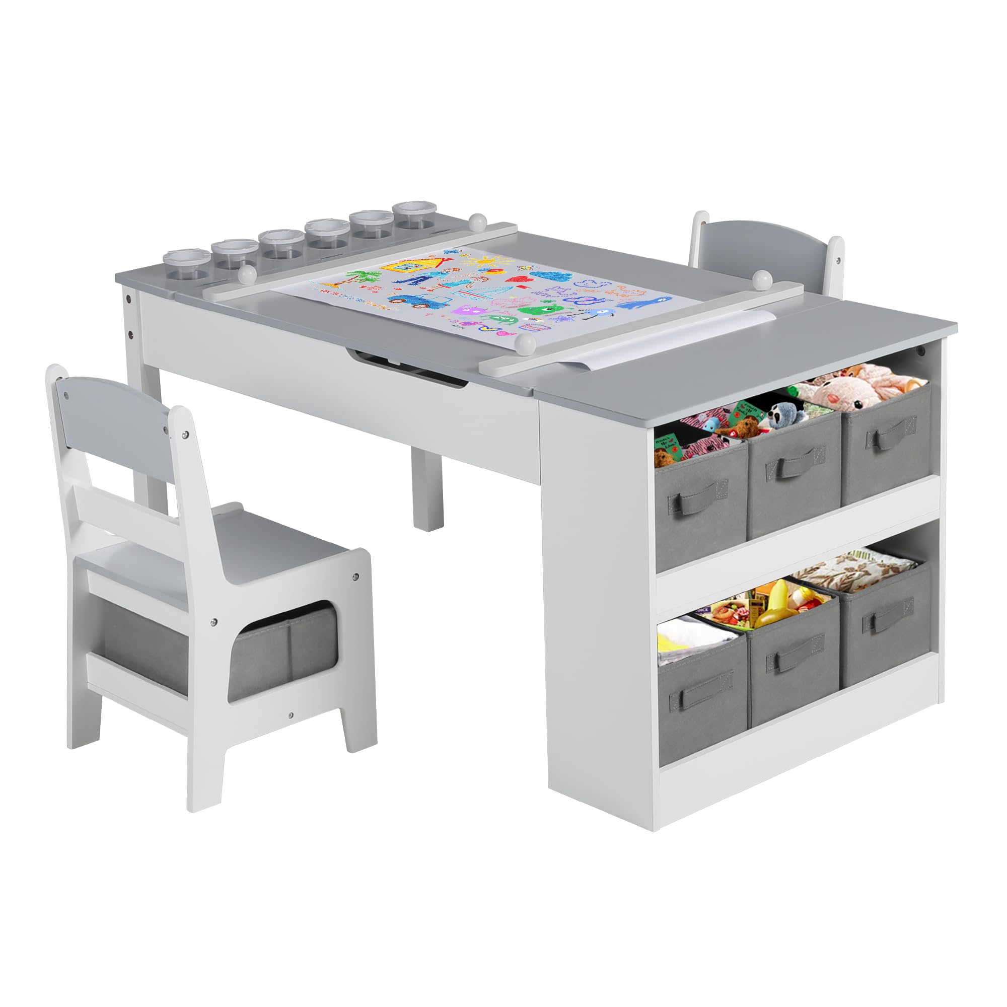 ROCSUMOO Kids Art Table and Chairs Set 3 in 1 Kids Art Table with 2 Chairs 3-Piece Toddler Furniture Set for Art Drawing Playroom Grey