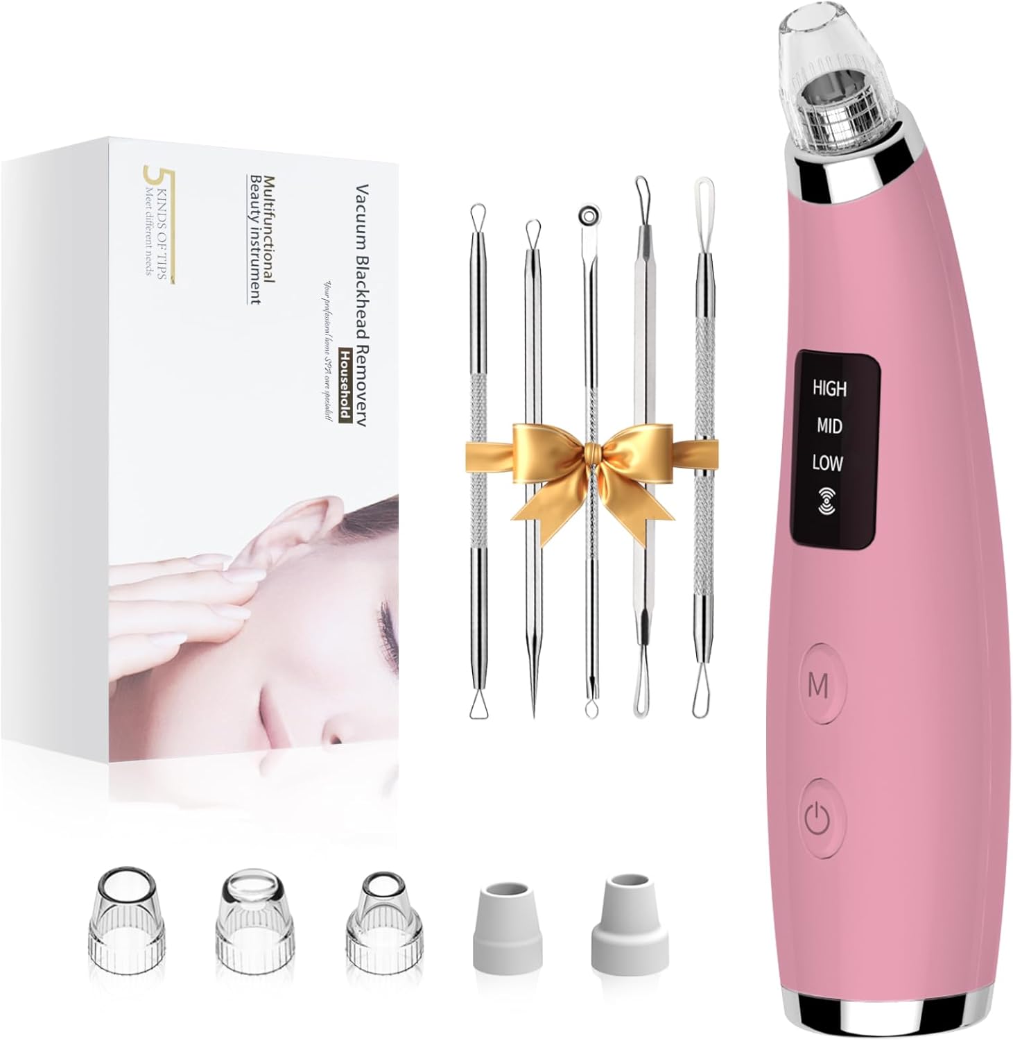 Facial Pore Blackhead Remover Vacuum - Fore Cleaner and Blackhead Extractor with 3 Adjustable Suction Levels - 5 Probes - Pore Vacuum Kit for Women&Men (Matte Pink)