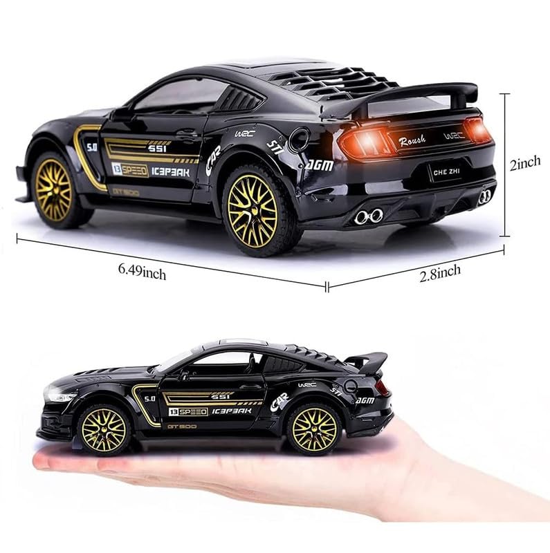 Image of Kids Model 1:32 Mastang Die Cast Metal Car Pull Back Action Opening Doors with Realistic Engine Sound Lights Toy Car Gift for Boys - Black