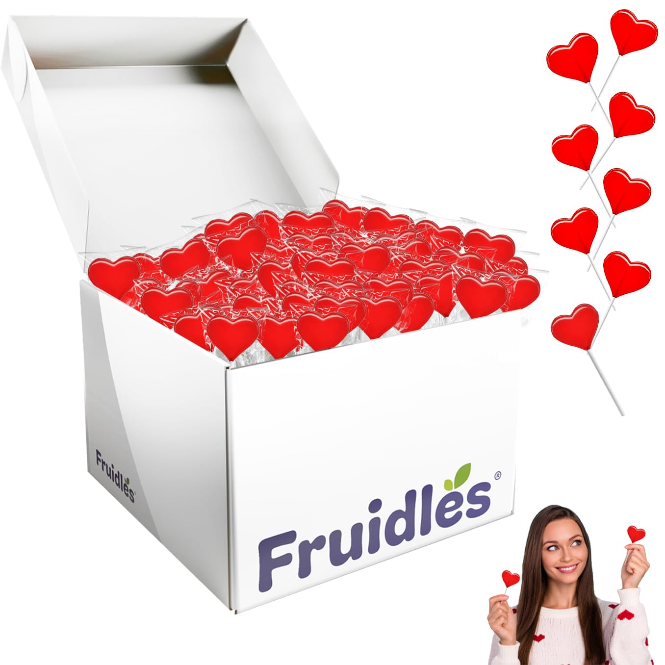 Fruidles Valentines Day Lollipops Mini Red Heart Shaped Strawberry Flavored Lollipop, Individually Wrapped, 5g Lollipops (800 Lollipops)