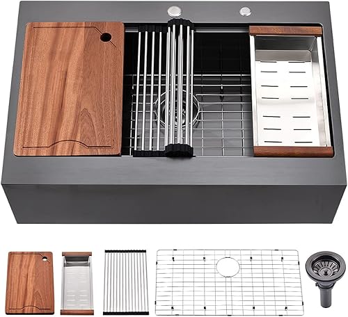 Fregadero de acero inoxidable negro de 30 pulgadas, estación de trabajo, fregadero de cocina de acero inoxidable negro de 30 x 22 pulgadas, repisa
