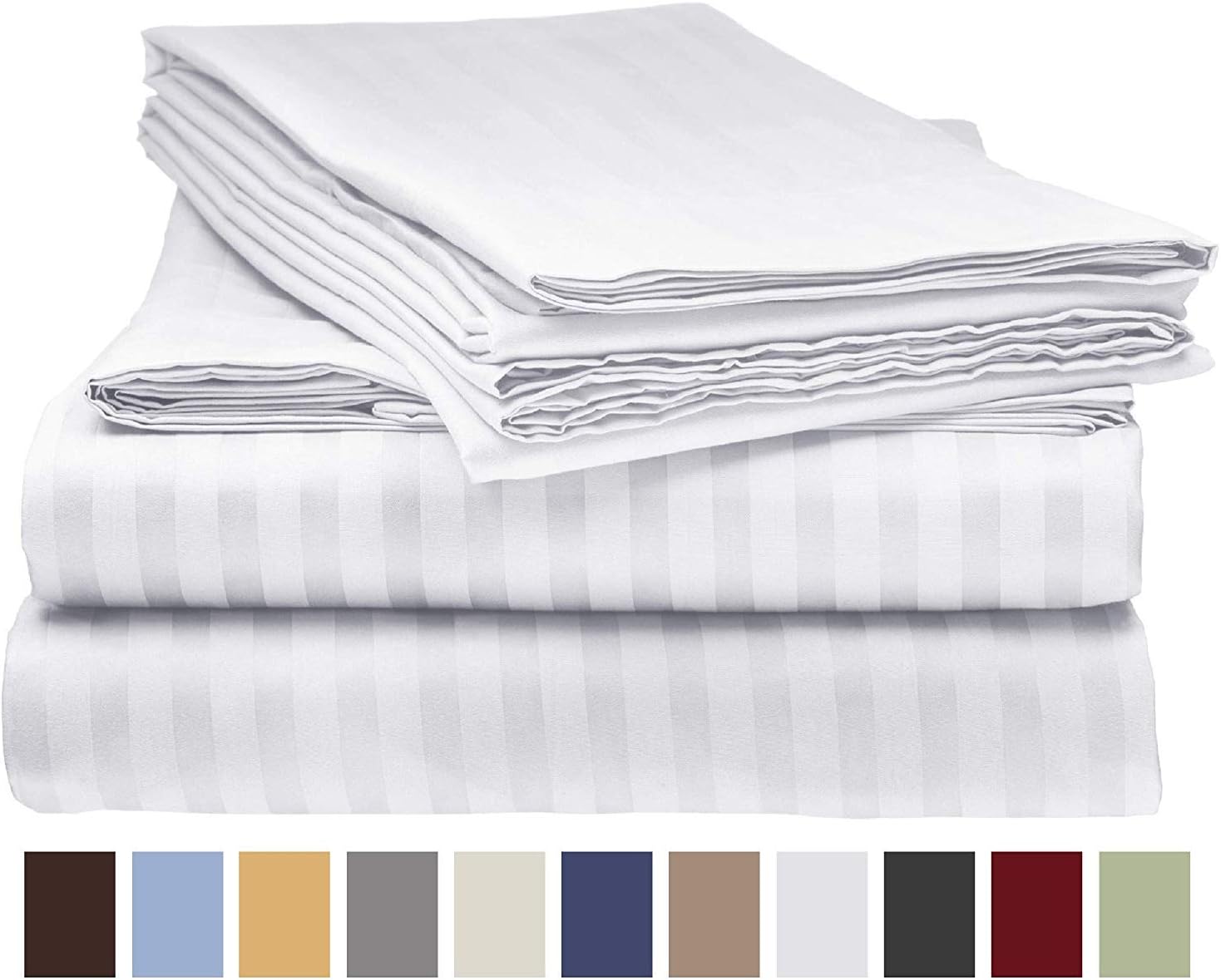 800 Series Organic Cotton Elegant Damask Dobby Stripped 16 inches 4 PC Sheet Set (1 Flat Sheet, 1 Fitted Sheet, 2 Pillowcases) Soft & Easy Care, White, Full