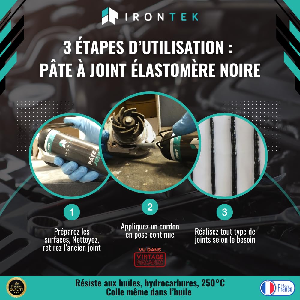 Pâte à Joint Moteur Élastomère Noir 200ml - IRONTEK | IT112 | -40°C +250°C | Carter Pompe Culasse | Résiste Huiles Hydrocarbures