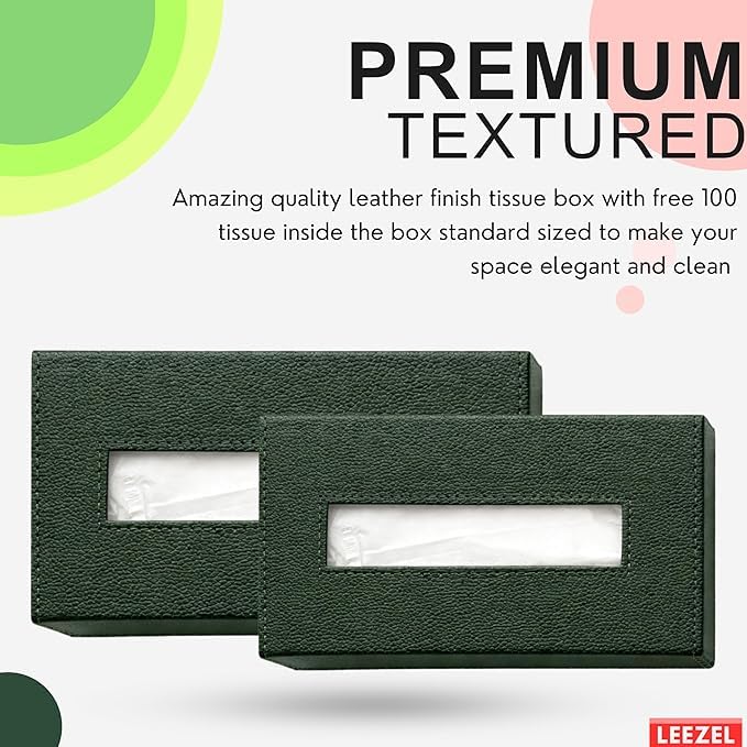 Image of LEEZEL| Tissue Box Holder with 100 Pulls Cotton Rags Tissue | Handcrafted Fine Leather - Like Finish | for Gifting, Office Desks, Cars & Home Decor | Durable & Water Resistant. (Military Green)