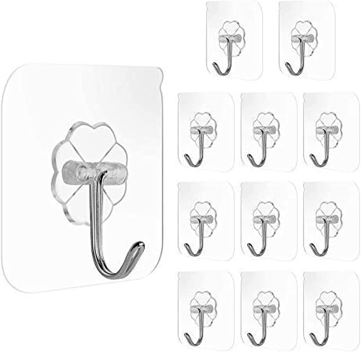 MissPrettyMissPretty Adhesive Hooks Heavy Duty 15lb(Max) Traceless Seamless Transparent Wall Hooks Waterproof for Bathroom Kitchen Office (12 Packs)