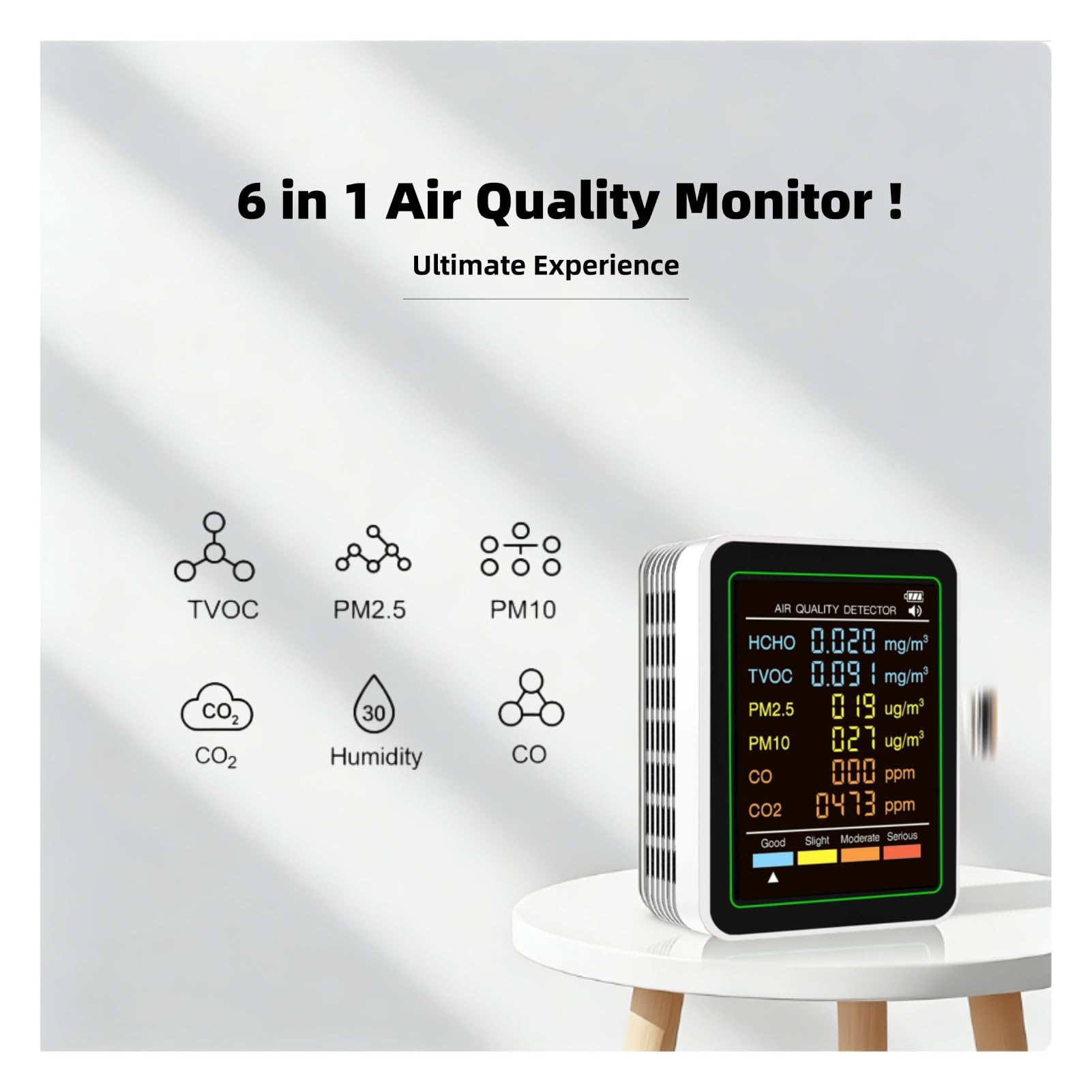 Cuifati 6 in 1 Professioneller Innenluftqualitätsmonitor Tragbarer CO2-Monitor für den Innenbereich |HCHO |CO-Monitor |TVOC |PM2,5 |PM10 |- Monitor für Saubere Luft in Geschlossenen