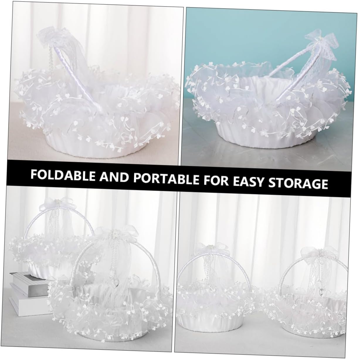 Delicate Handheld Lace Wedding Flower Basket, Foldable White Decorative Basket for Flower Girl, Wedding Ceremony Supplies