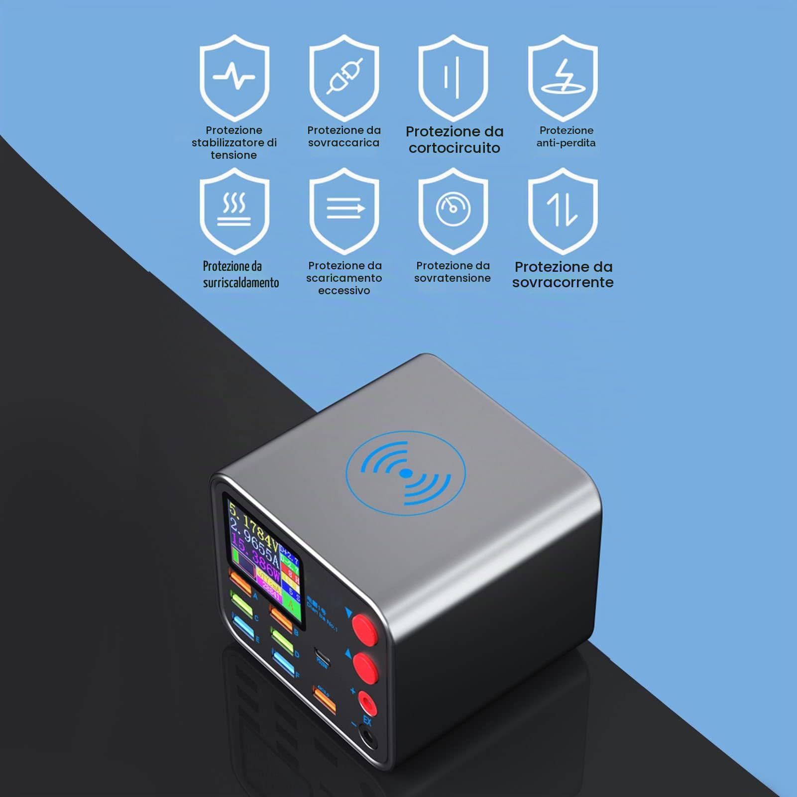 Stazione di Ricarica USB - Hub USB a 8 Porte - CaricatoreWireless - Adattatore di Alimentazione per Telefoni e Tablet