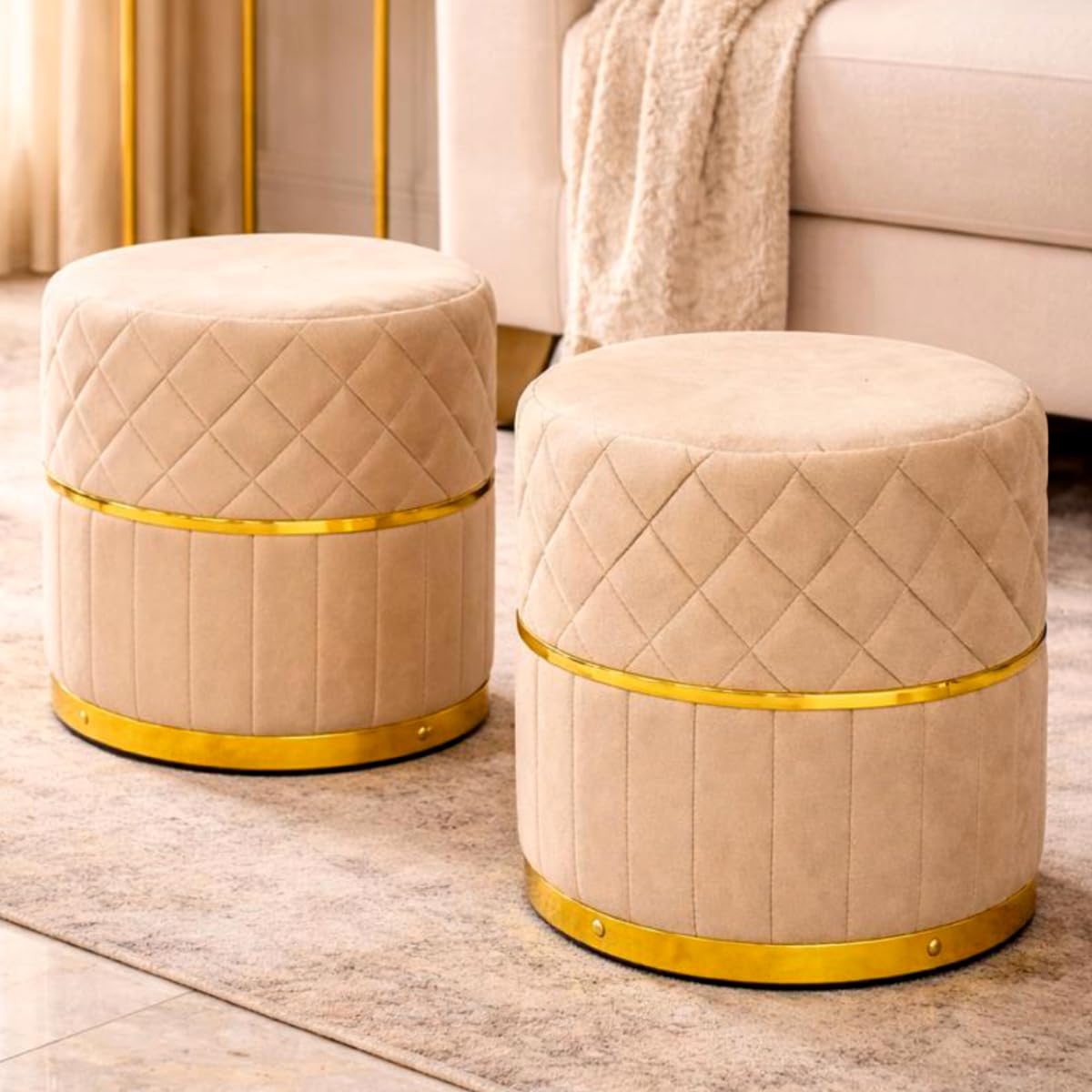 Premium Velvet Puffy Ottoman Stool for Living Room, Bedroom and Dressing Area | Round Footrest with Diamond Quilting and Gold Base | Soft, Stylish and Durable Seating (Set of 2 Cream)