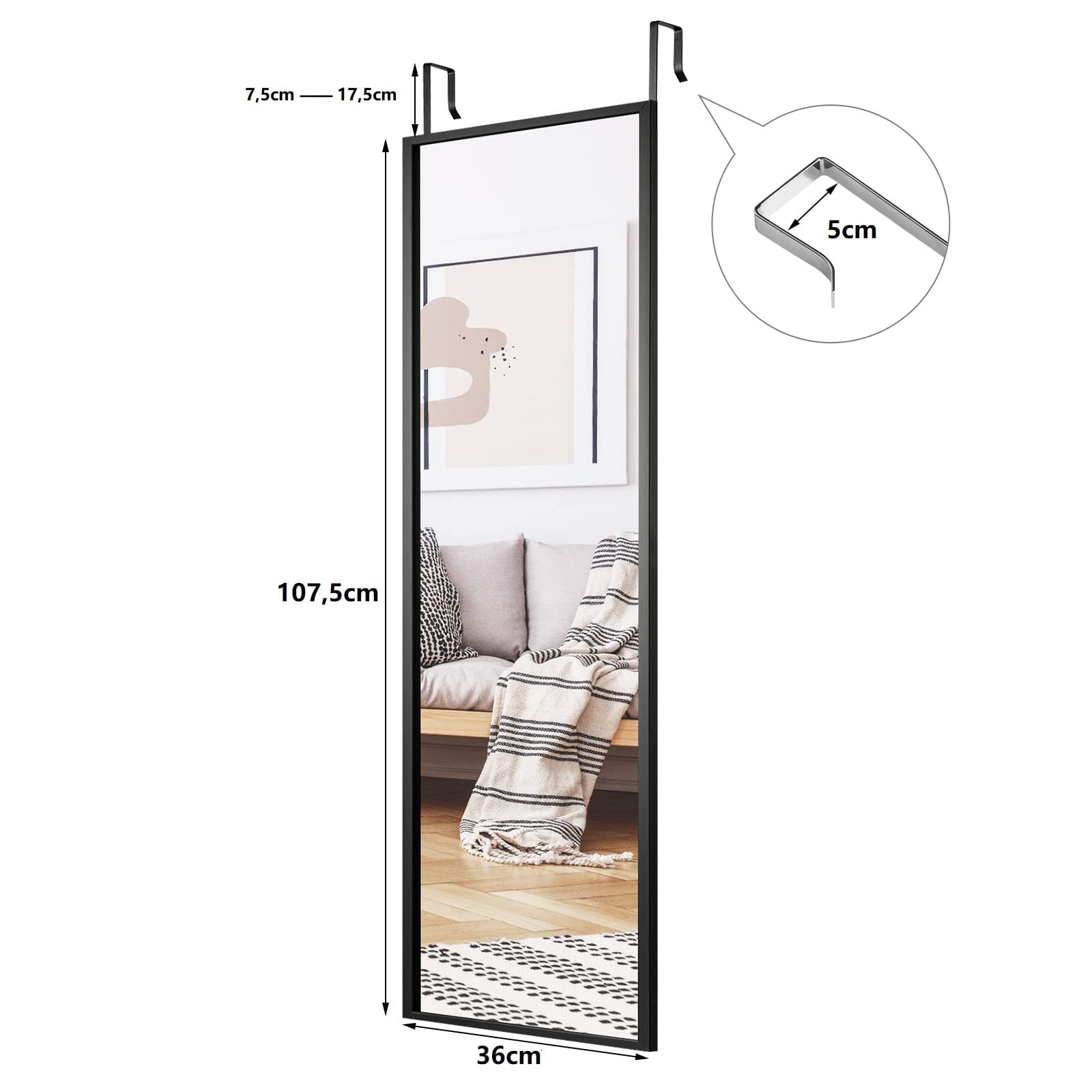 Giantex Espejo de Cuerpo Entero de Puerta, Espejo Colgante 107,5 x 36 cm, 2 Ganchos Ajustables en Altura, Marco de Metal, para Entrada, Salón, Dormitorio (Negro)