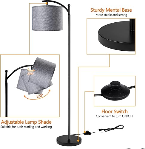 Vista 3 de Floor Lamp with 3CCT LED Bulb, Gray Linen Lamp Shade for Living Room, Modern Standing Lamp for Bedrooms - Black Tono negro+gris
