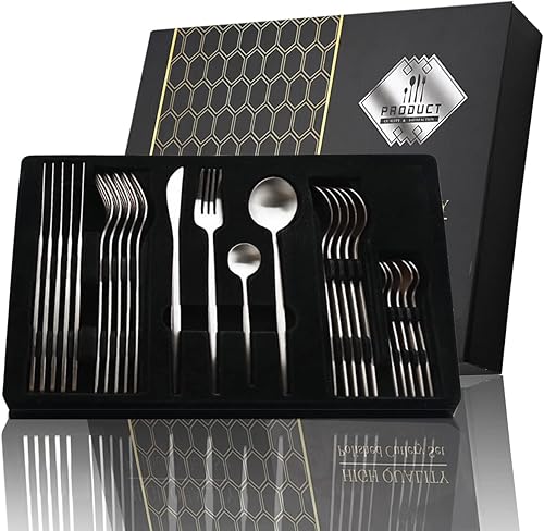 Miniatura 1 de JASHII Juego de cubiertos de plata para regalo, cubiertos de acero inoxidable, acabado mate, juego de cuchara y tenedor con caja de regalo, regalo