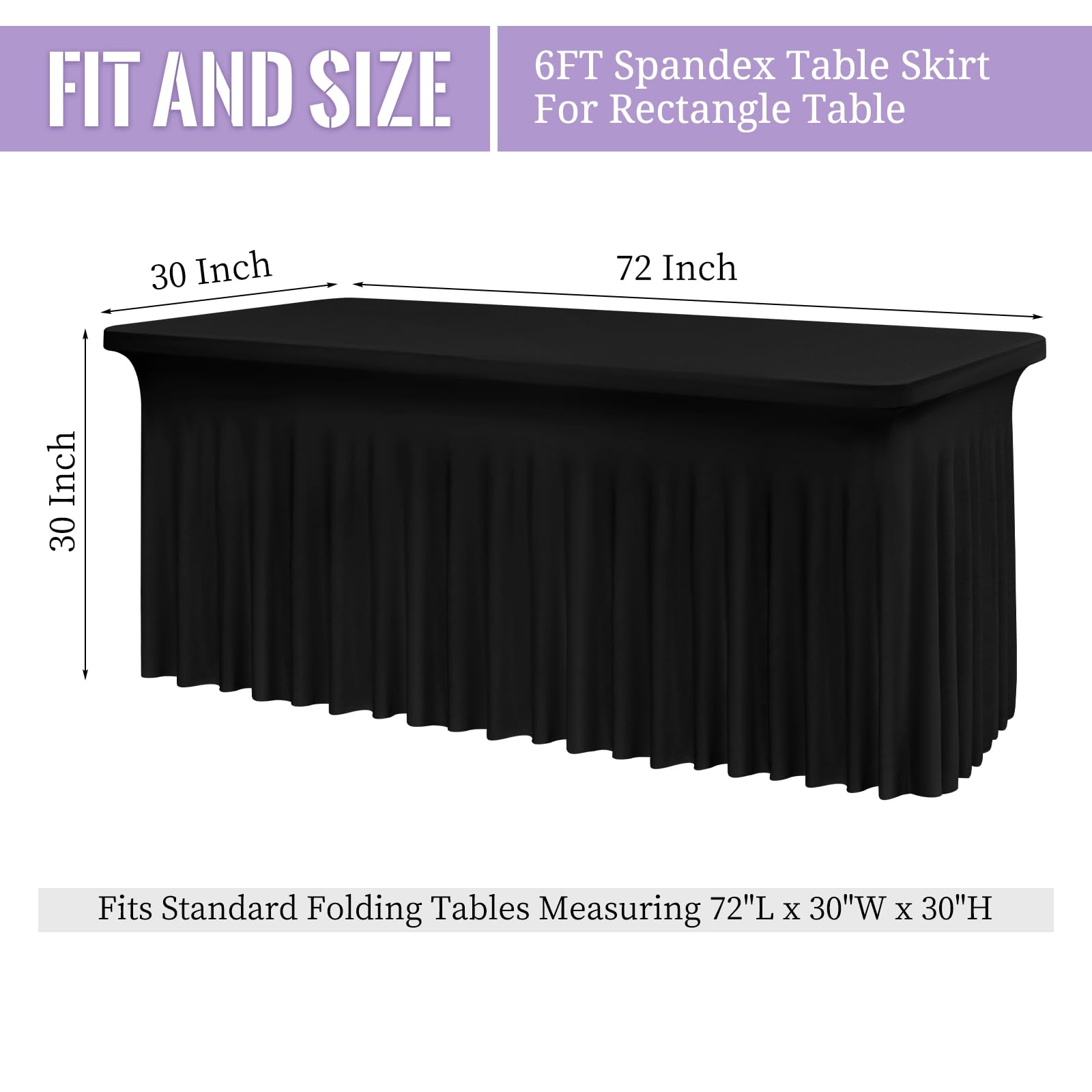 Lot de 2 jupes de table en élasthanne noir pour tables rectangulaires de 1,8 m, infroissables, nappe en élasthanne ajustée, nappe extensible avec jupe pour mariages banquets salons commerciaux fêtes