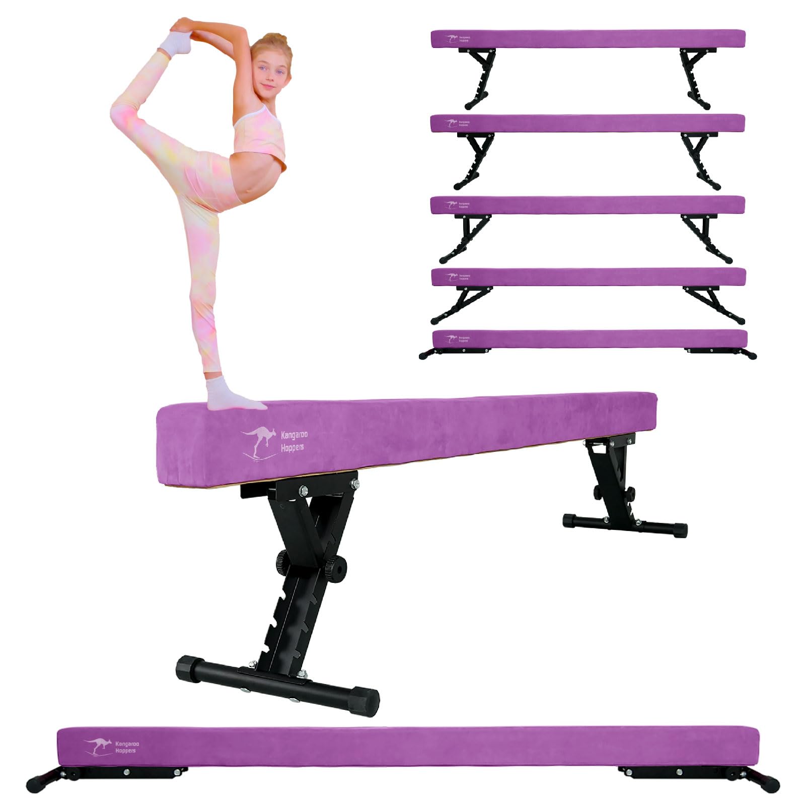 Kangaroo Hoppers Balance Beam, Adjustable & Foldable Gymnastics Beam, High and Low Floor Beam, Beginners and Professionals Home Training Equipment with Anti-Slip Foot, 8FT (Purple)