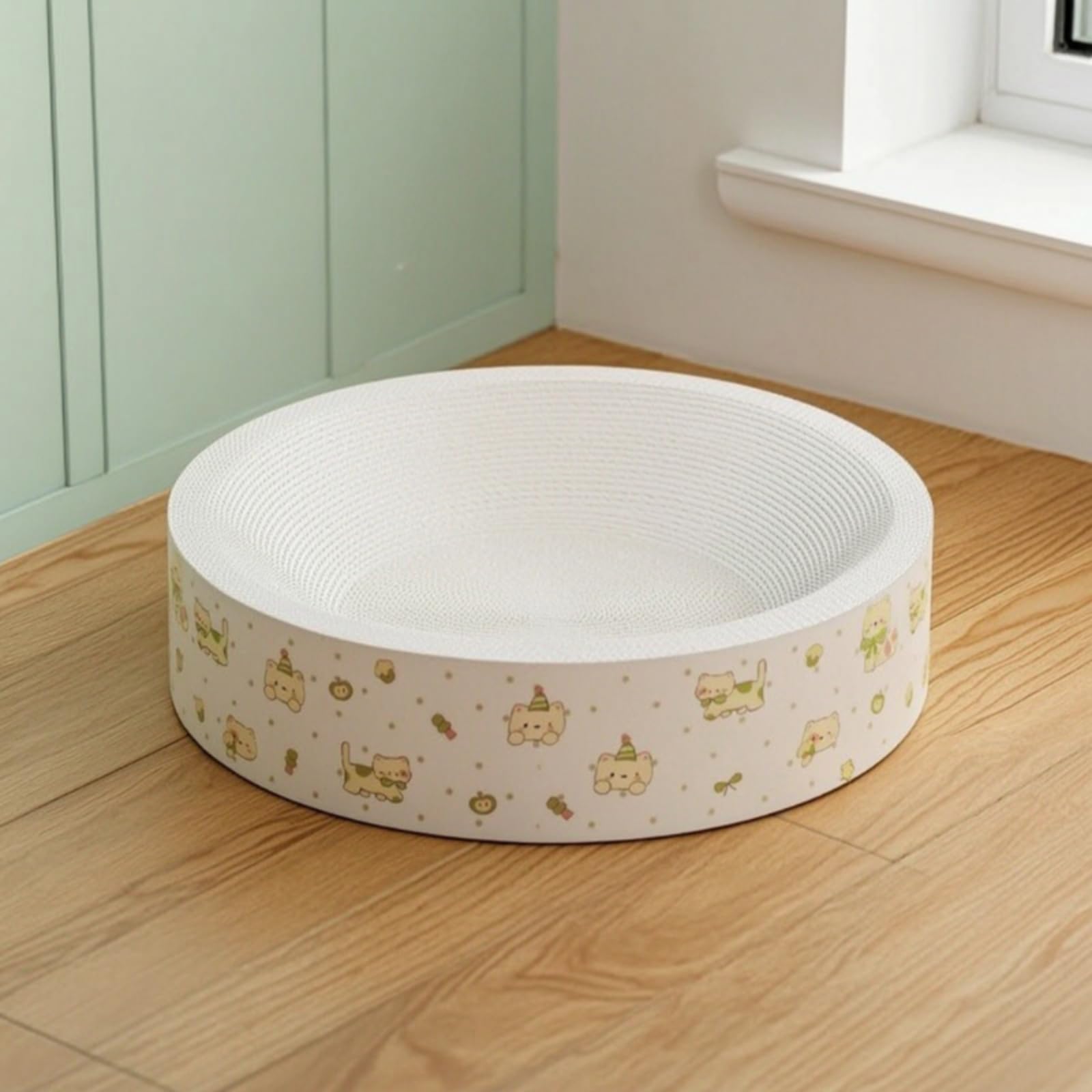 Kratzbett Katze Kratzschale Katzenbett Kratzbrett Liegenest aus Wellpappe mit Strukturierter Innenfläche Und Sauberem Look für Kratztraining Und Ruhe, Oval 55 cm, Cartoon