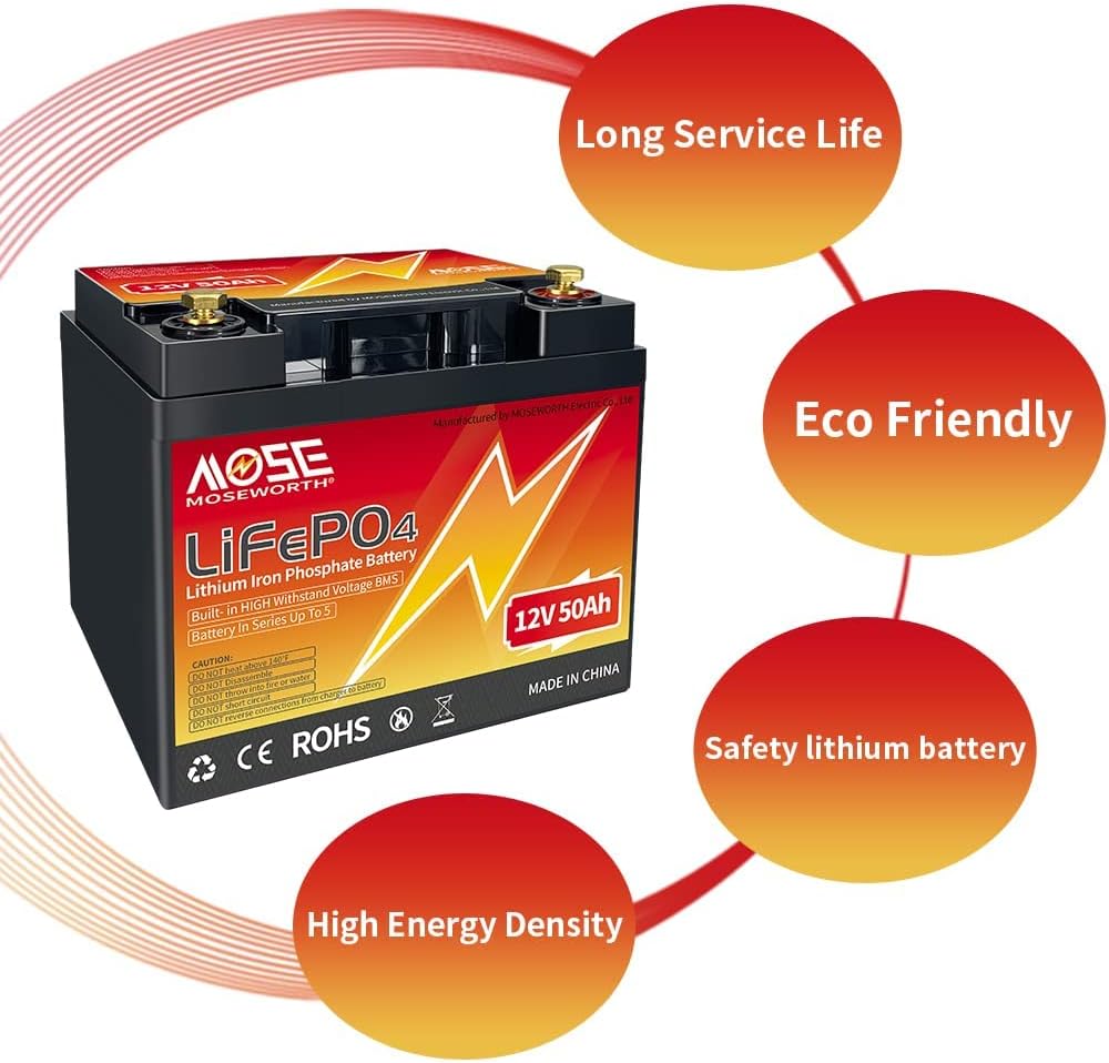 12V Lithium Battery 50AH, Series/Parallel Lifepo4 Battery, 50A BMS Up to 10000+ Cycles, Lighweight Small Size, for RV, Marine, Trolling Motor, Solar, Van Life, Back Up Power & Off Grid Applications