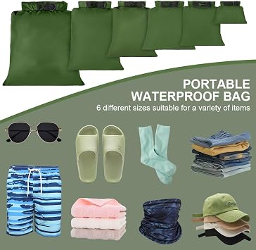 Waterproof Dry Bags 6PCS, Lightweight DryBags, Compression Sack Canoe Bag with1.5L, 2.5L, 3L 3.5L, 5L, 8L Sacks Bag for Kayaking Rafting Boating Hiking Camping Travel Backpacking Green