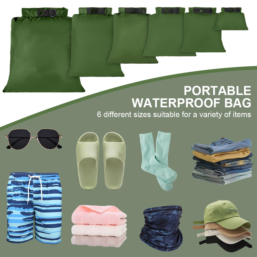6 Piezas Bolsas Estancas Impermeable, 1.5/2.5/3/3.5/5/8L Bolsas Secas Ligeras, Bolsas Estancas Ligeras Portátil, para Kayak, Senderismo, Rafting, Camping, Pesca, Ciclismo(Verde) — view 6