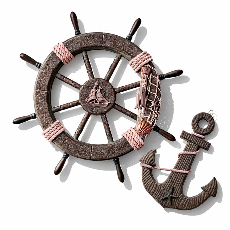 Nautical Ship Wheel Wall Decor, Rustic Boat Steering Anchor Wheel with Fishing Net Rudder Hanging Ornament, Mediterranean Pirate Captain Nautical Wall Sculpture for Home Beach Theme Nauticals Decor