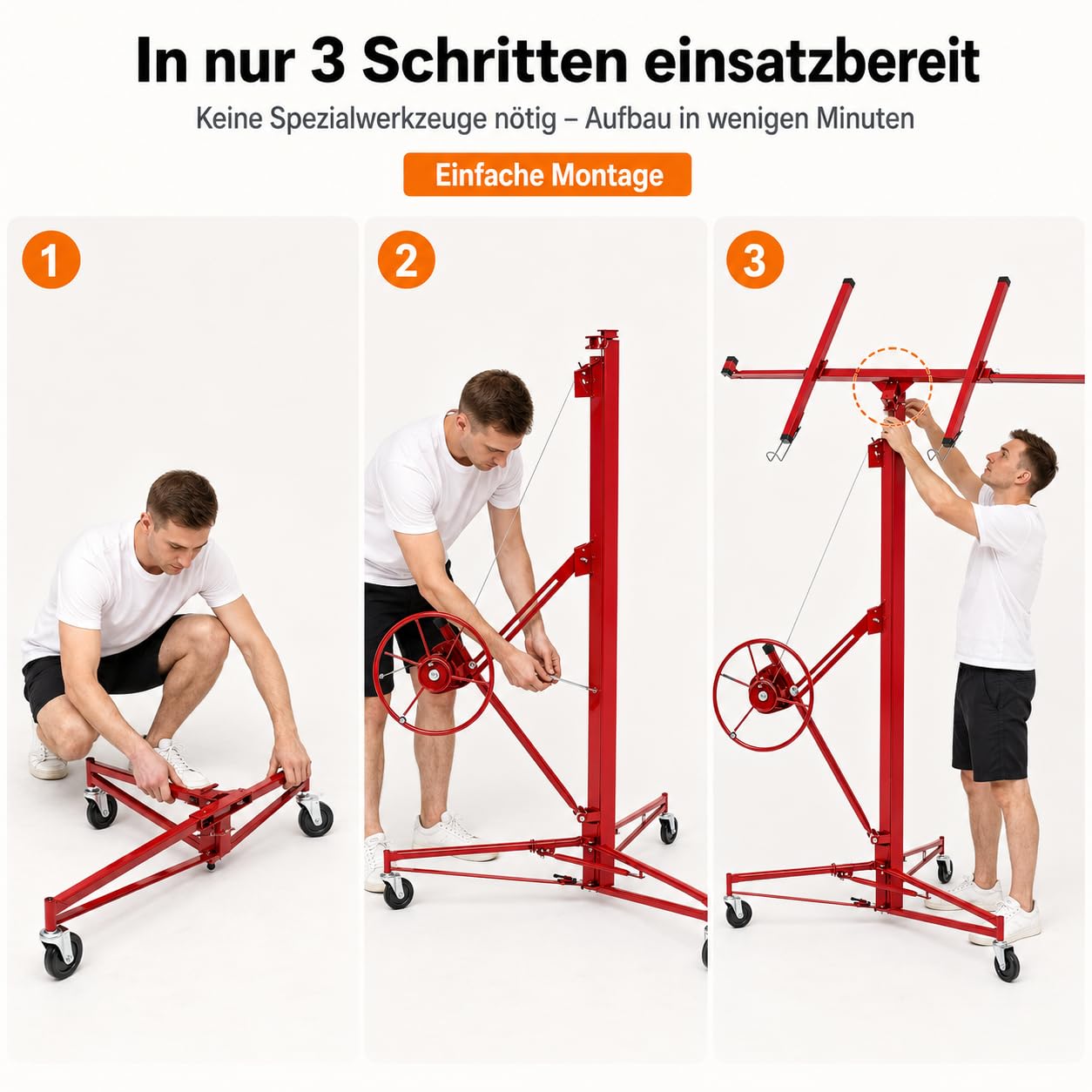 Gipskartonheber Teleskop, Plattenheber höhenverstellbar 140-350cm, 60° neigbar, bis 68kg/150lbs, 3 Lenkrollen, Deckenlift für Trockenbau, Rot