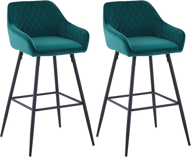 AINPECCA Bar stools Set of 2 Green Velvet Fabric Upholstered Seat with Backrest & Armrest Black Metal Legs Counter Breakfast Chairs Kitchen