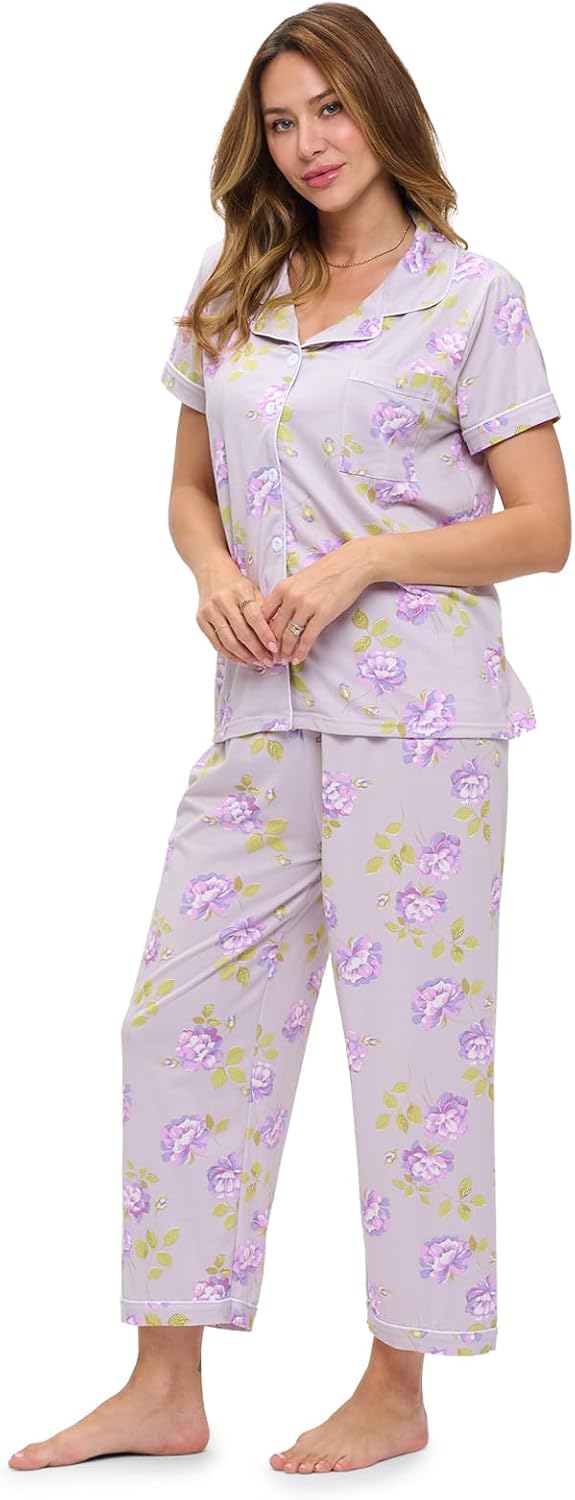Casual Nights Women's Super Soft Capri Pajamas Set, Short Sleeve Button Down Shirt with Pants PJ Set with Pockets - Image 2