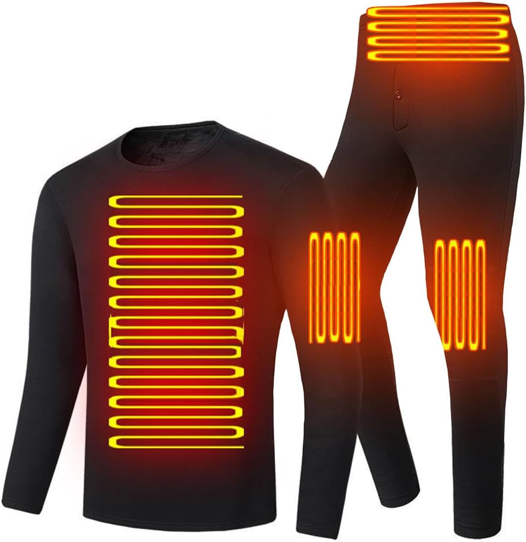 Heated Thermal Underwear Set 4 Zone Heating 3 Speed Temperature Control Underwear Set for Skiing, BLACK