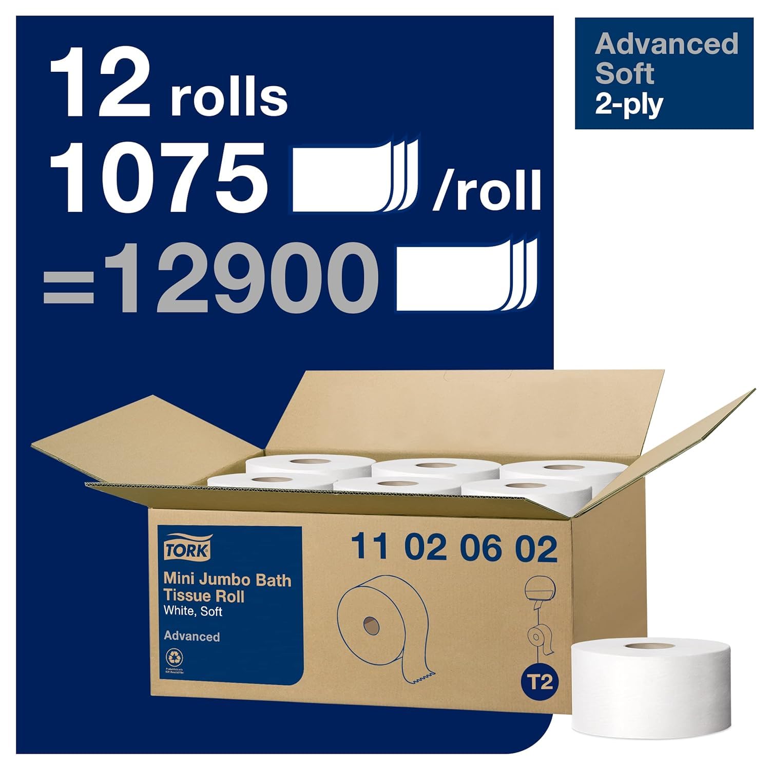 Tork Mini Jumbo Toilet Paper Towels Advanced Soft Quality, Compatible T2 Tork Dispenser, 12 rolls x 1075, 2-Ply, White+ Matic Paper Hand Towel Roll Natural H1, Universal, Recycled Fiber, 6 x 700 ft