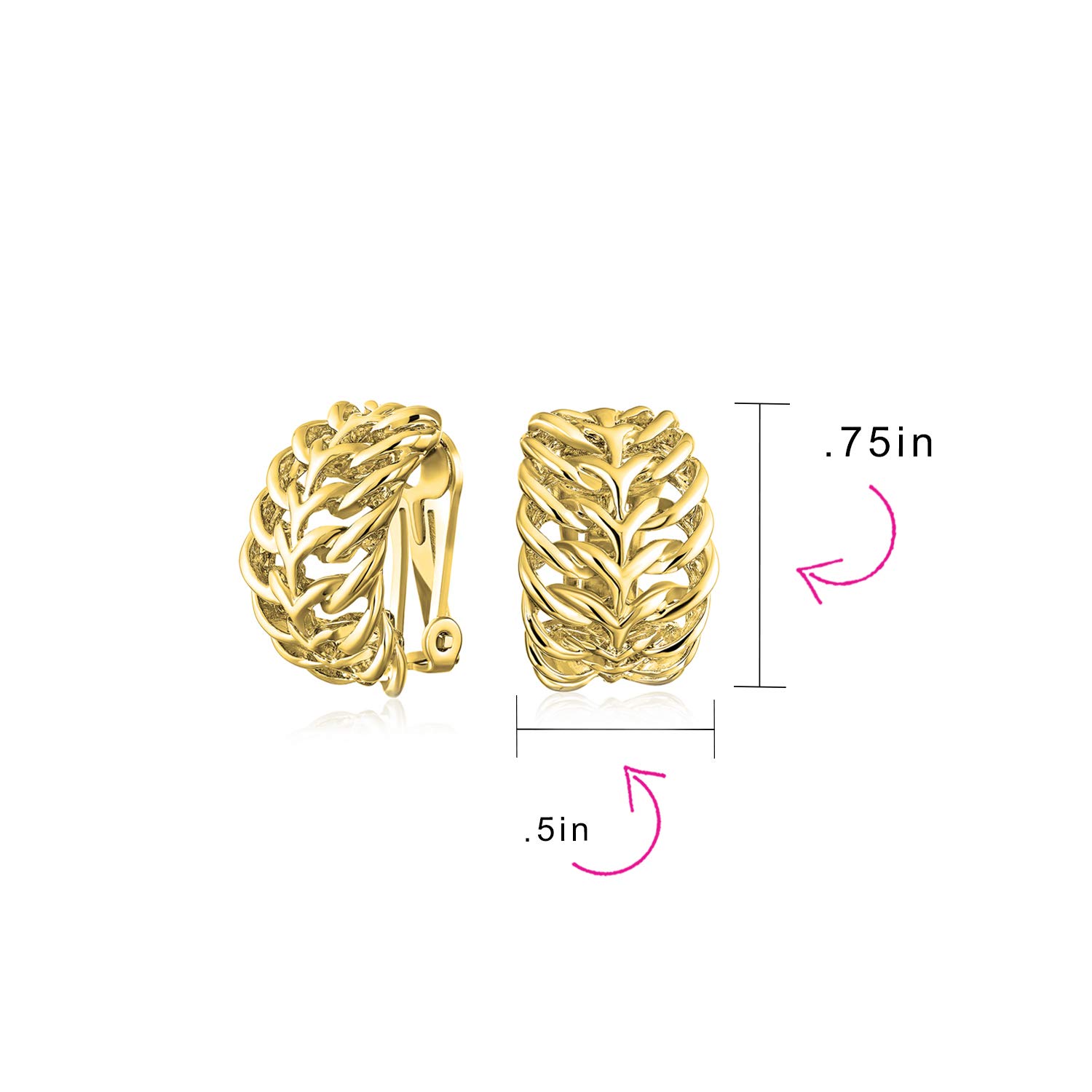 Set di due orecchini a clip a mezza cerchio con foglia a cavo aperto per donne senza orecchie forate in ottone placcato argento oro.