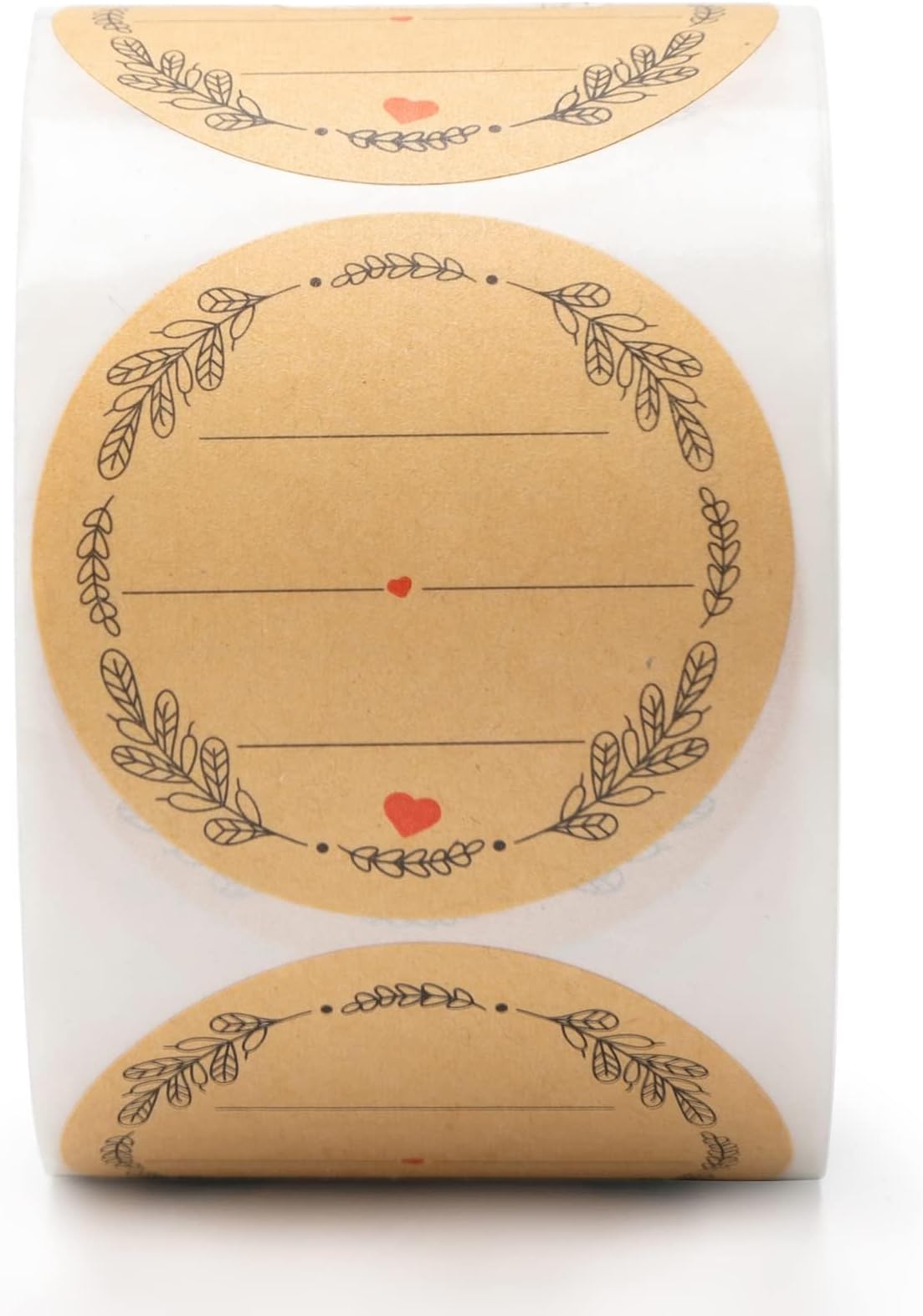 2'' Wreath Design with 3 Lines for Writing (500 Per Roll), Natural Brown Kraft Stickers for Store Owners, Crafts, Organizing, Jar and Canning Labels, Price Tags (Brown)