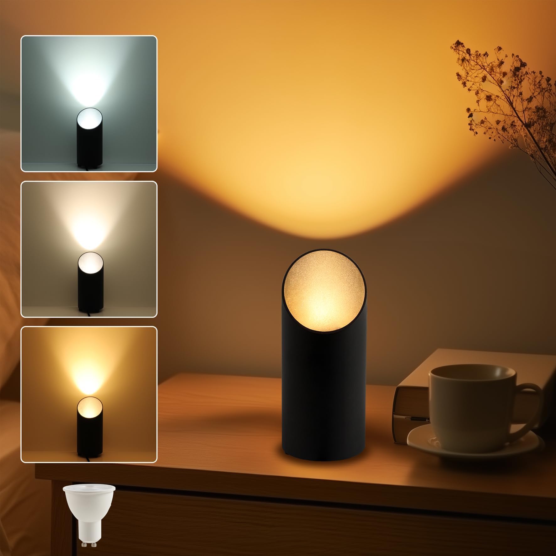 Uplight lampa podłogowa LED, czarna, z przełącznikiem nożnym, oświetlenie pośrednie, do salonu, 3 temperatury barwowe, lampa LED GU10, 6 W, 700 lm