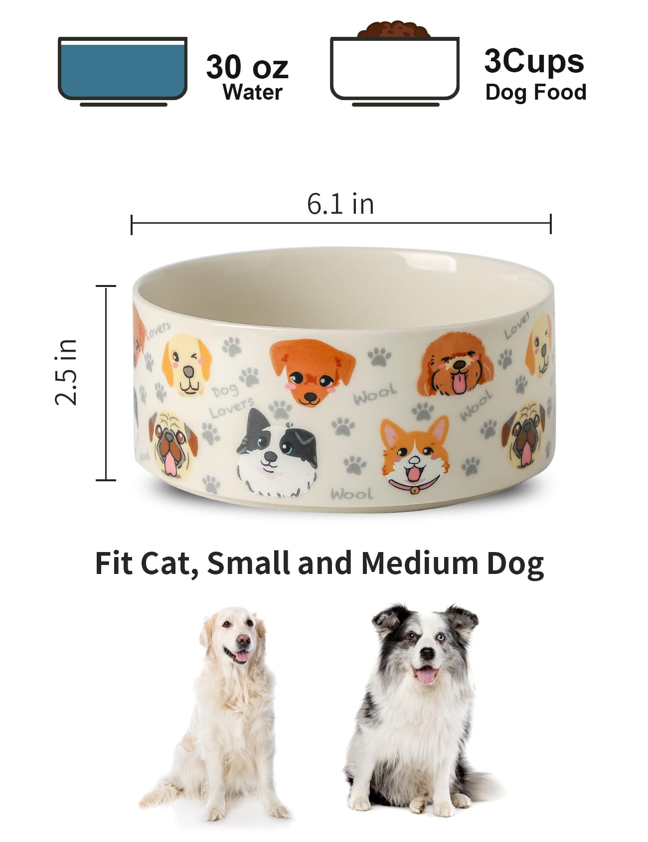 Keramik Hundenäpfe 2er Set, 15,5 cm Hundefutter Wassernapf mit niedlichem Muster, Haustier Hunde Geschirr für mittlere und kleine Hunde, Weiß
