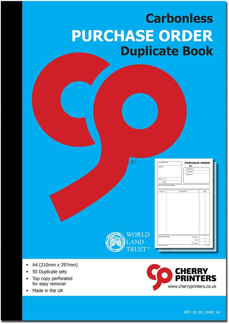 Cherry Printers Carbonless Purchase Order Duplicate Book | A4 (210mm x 297mm) | 50 Perforated Sets | Made in the UK