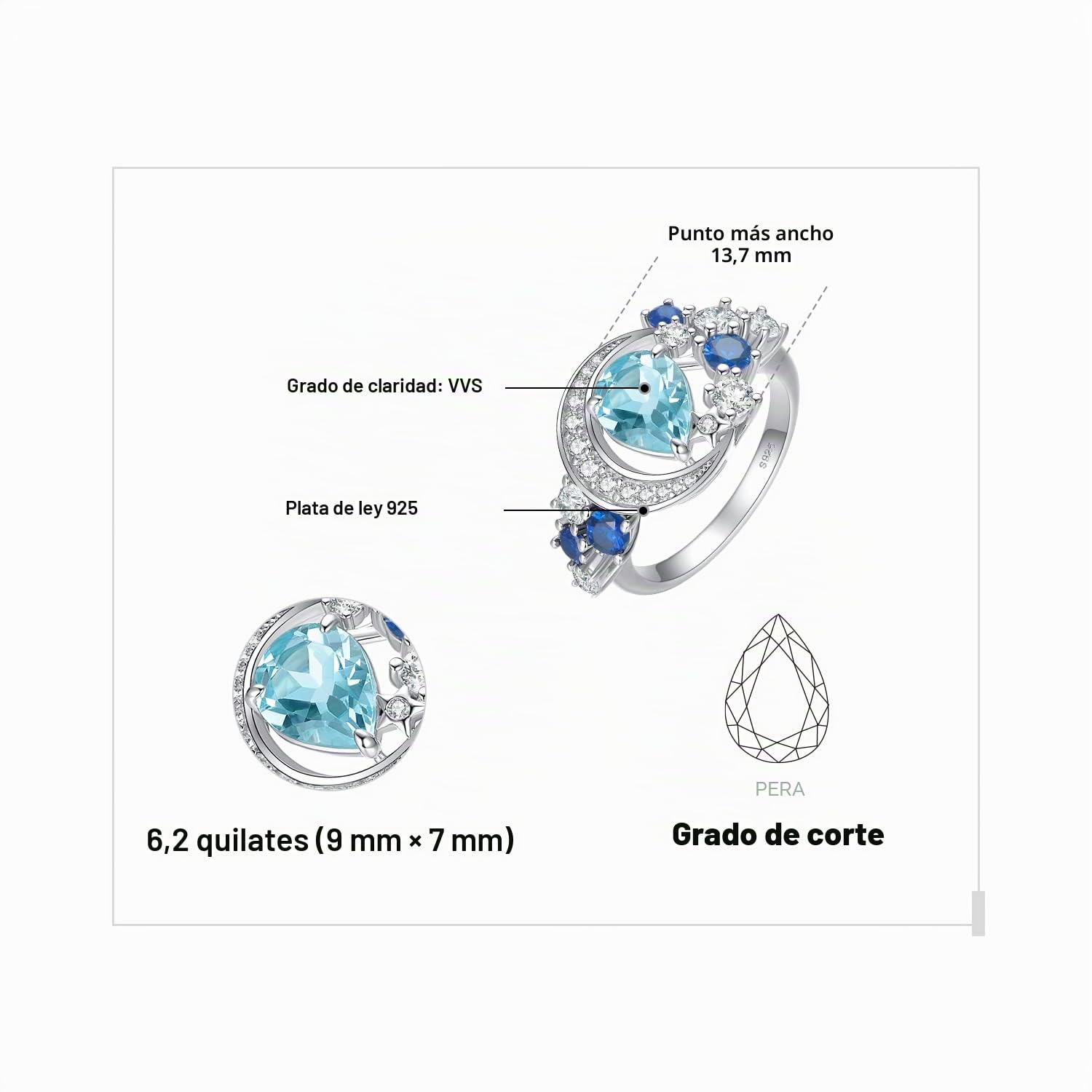 JewelryPalace Luna Estrella Anillo Plata Mujer con 2ct Topacio Azul Cielo Natural Corte Pera, Anillo de Cóctel Plata de Ley 925 Zafiro Azul, Anillo Niña Piedra Preciosa Gota de Agua, Conjunto Joyas