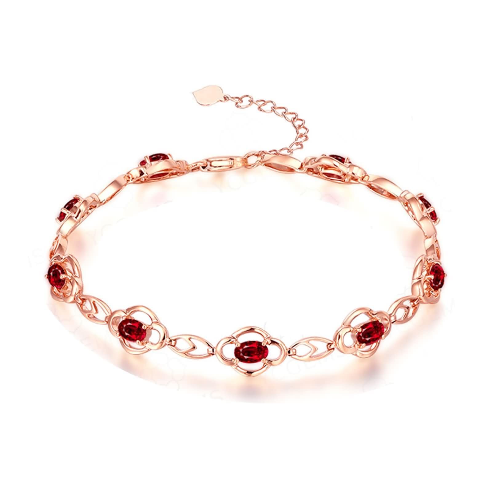 Pulseras de Mujer de Oro Rosa de 9 Kilates / 14 Kilates / 18 Kilates, Hueco y Oval con Rubí y Diamante, Cadena Extensible 16 CM + 5 CM, Pulseras de Mujer Ajustable de Oro Rosa
