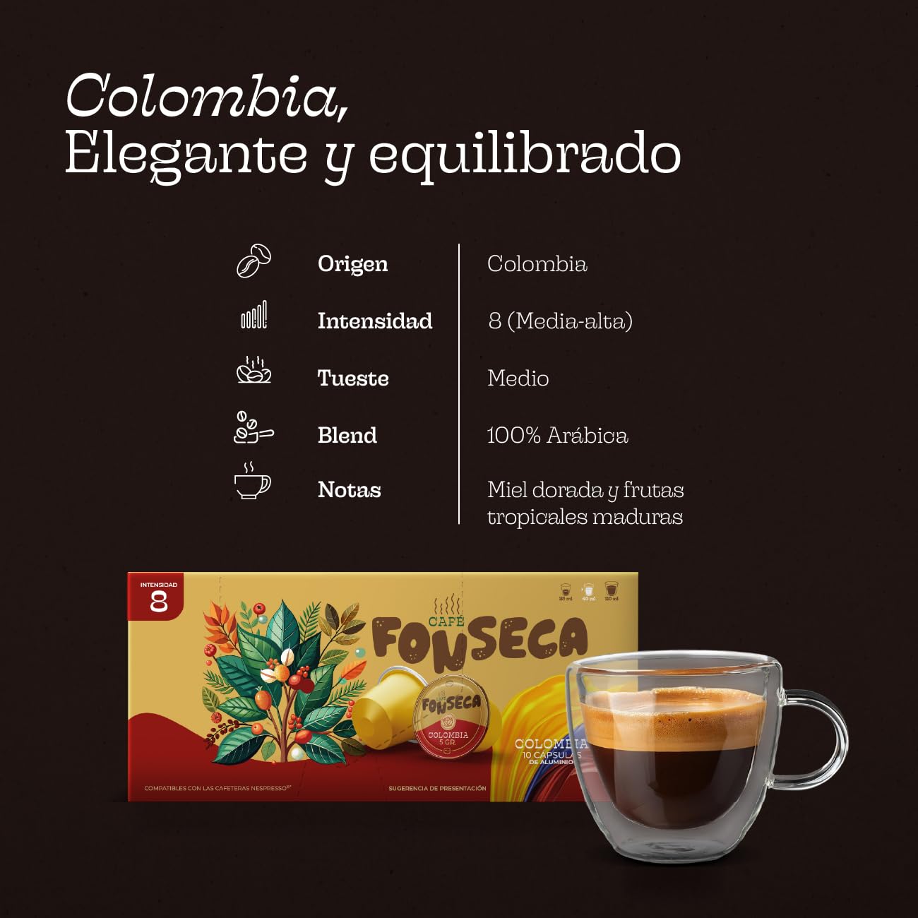 FONSECA Cápsulas Café Colombia Compatibles con Nespresso, Pack 220 Cápsulas | Café 100% Arábica Suave con Aromas de Miel Dorada, Tueste Medio Intensidad 8 Producido en Portugal