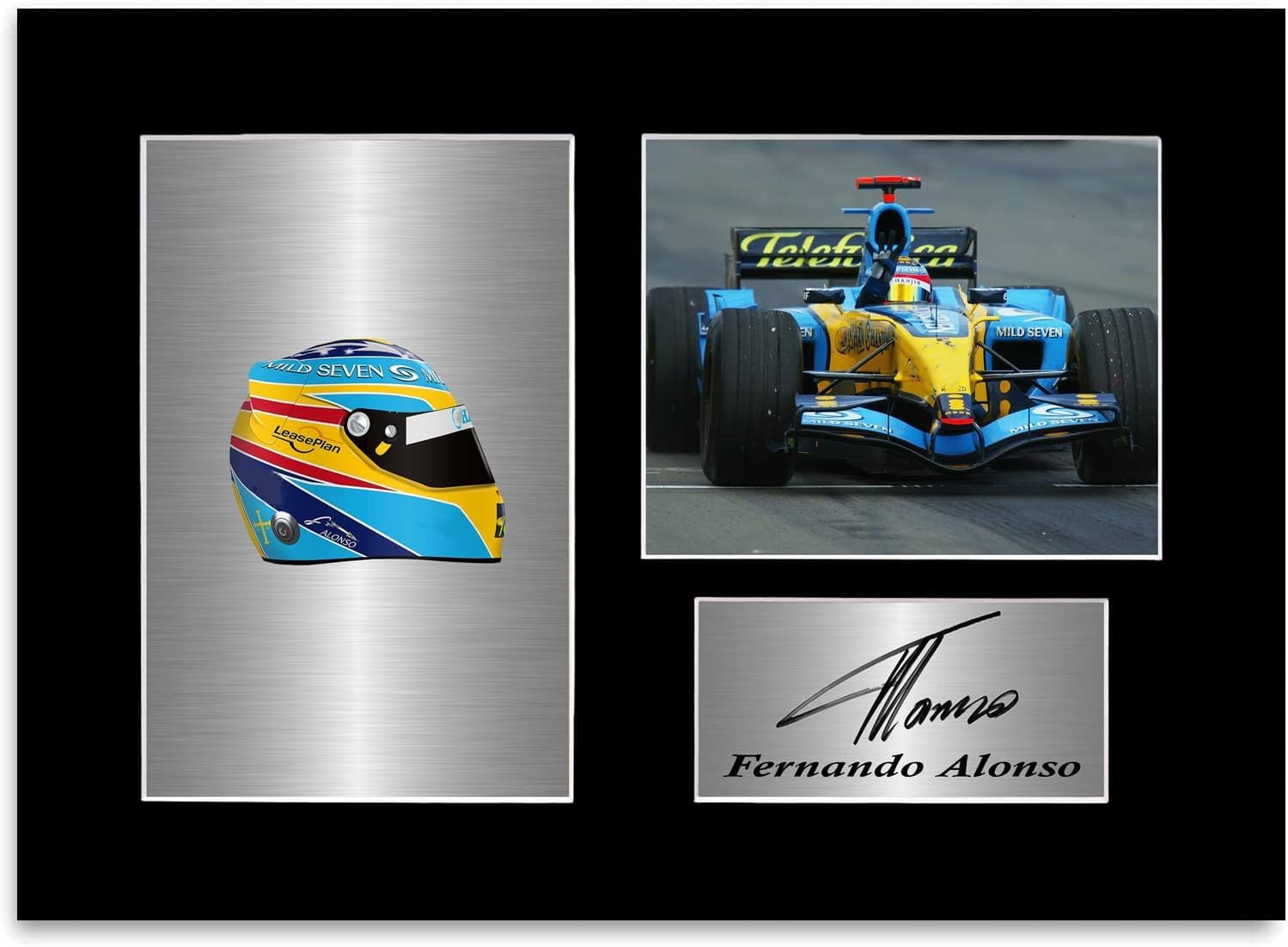 Fernando Alonso 2005-2006 Cadre photo dédicacée pour casque de voiture Champion du monde Format A4