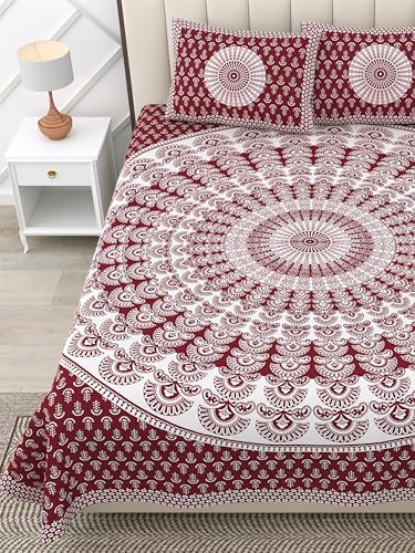 Image of RajasthaniKart Pure 100% Cotton Double Bed Sheet with 2 Pillow Covers (Bedsheet for Double Bed Cotton, Maroon Rangoli, Jaipuri King Size,5305)