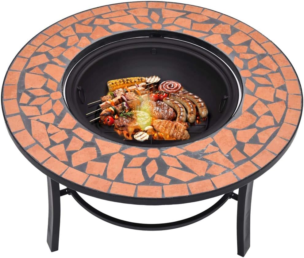 vidaXL Steel and Ceramic Mosaic Fire Pit Stove 26.8" - Terracotta - Outdoor Heating Solution, BBQ Partner, Round Tabletop for Convenience, Construction, WARNS Cancer and Reproductive Harm